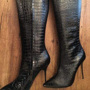 Dune Leather Croc-Effect Knee High Boots